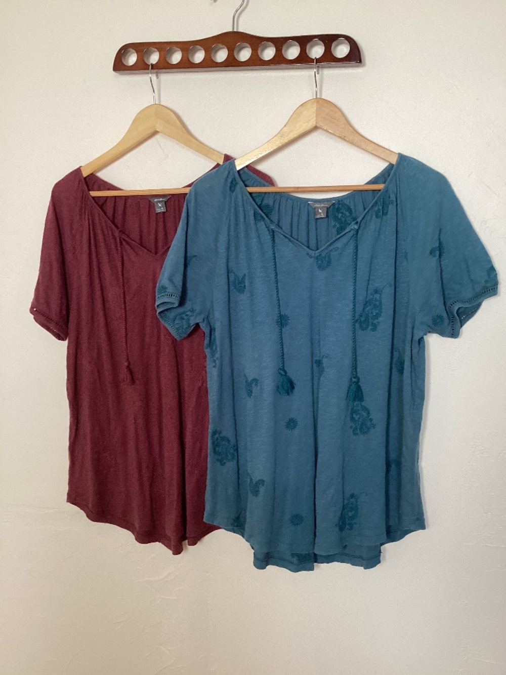 Eddie Bauer TL short sleeve tunics cotton embroidered tassels teal burgundy